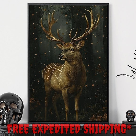 Majestic Deer In Enchanted Forest Print Mystical Animal Dreamy Home Decor Gothic Dark Nature Poster Ready To Hang Framed Wall Art