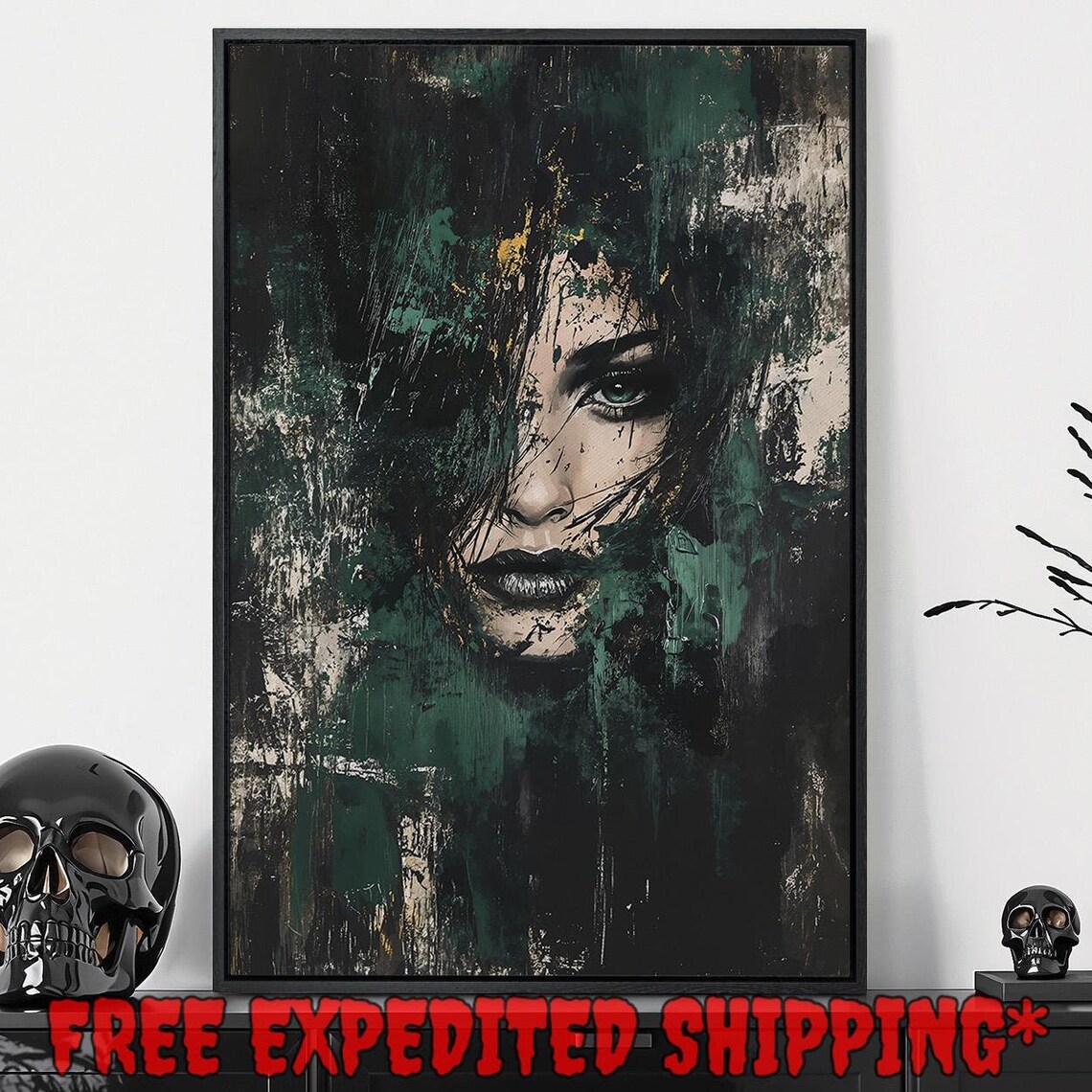 Moody Abstract Female Face In Dark Green Brushstrokes Gloomy Art Poster - Image 5