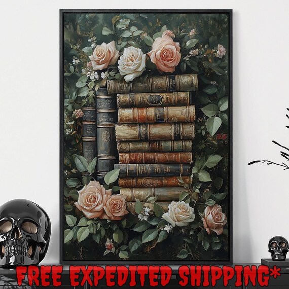 Vintage Book Stack Blush Roses Green Foliage Library Art Poster
