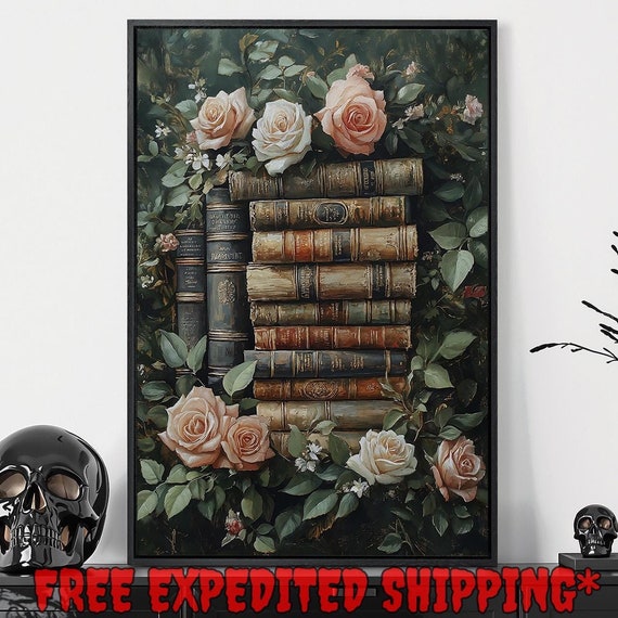 Vintage Books In Roses Framed Wall Art Flowers And Green Leaves Painting Print Home Library Decor Dark Botanical Poster Ready To Hang