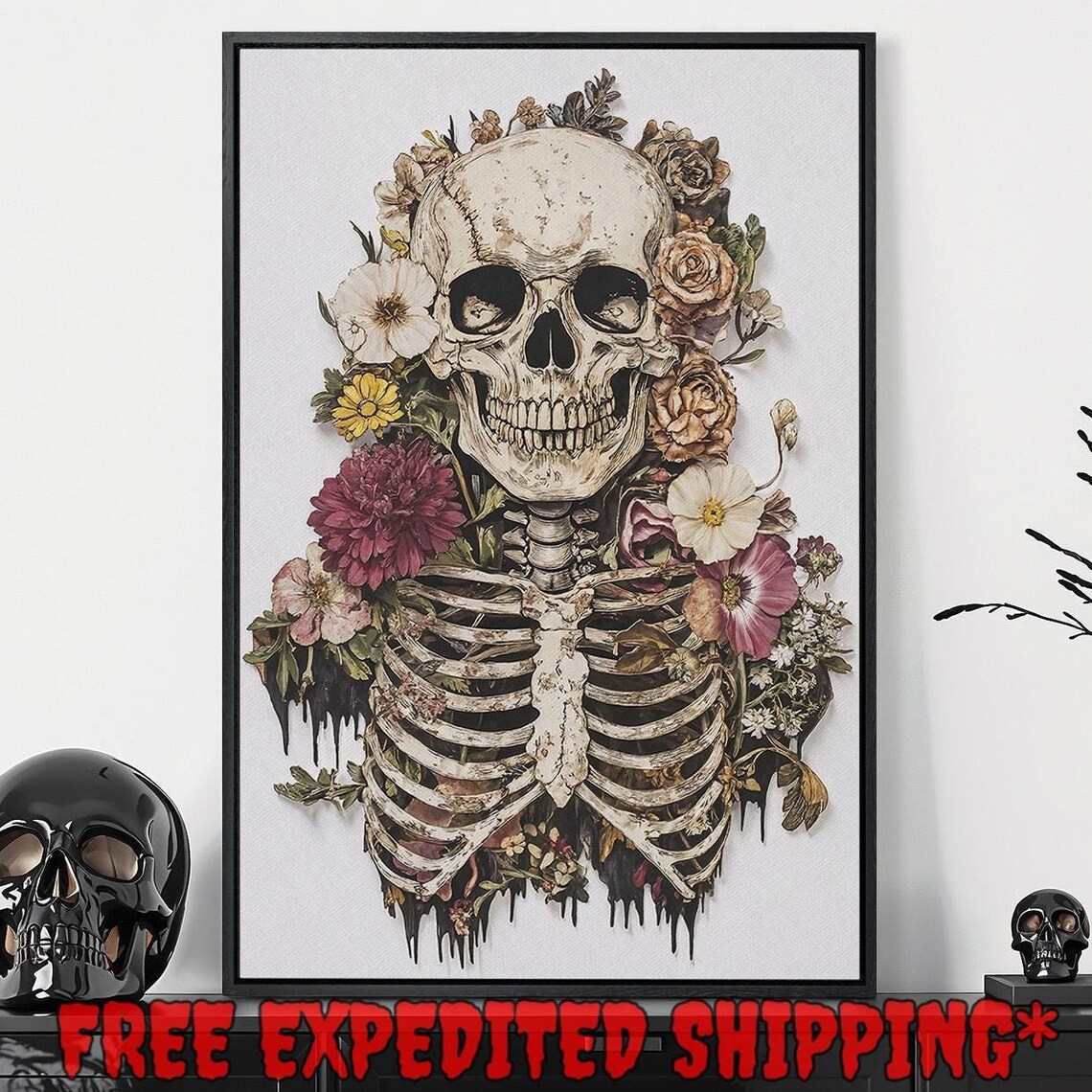 Floral Skeleton Ribcage Colorful Bloom Art On White Dark Botanical Poster