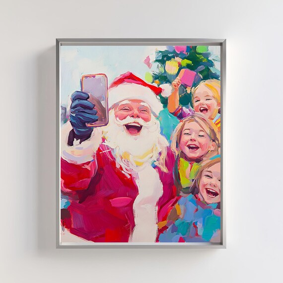 Santa Taking A Selfie With Laughing Kids Colorful Christmas Art Poster