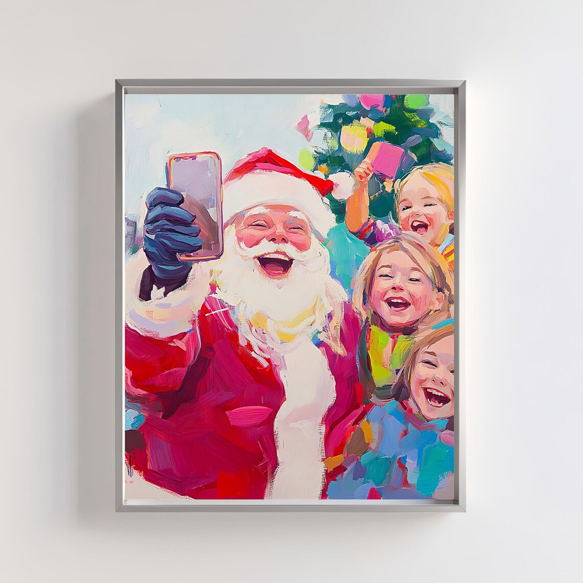 Santa Taking A Selfie With Laughing Kids Colorful Christmas Art Poster