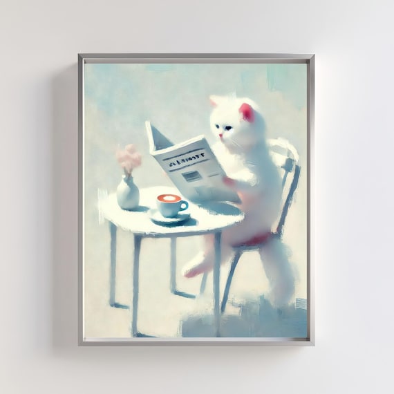 Dreamy White Cat Reading Newspaper at Blue Cafe Animal Poster