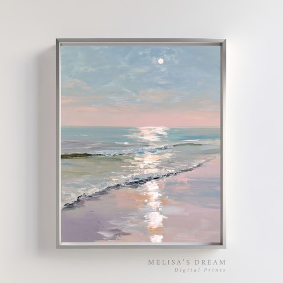 Pastel Pink Beach Moonrise Coastal Ocean Reflection Wall Art
