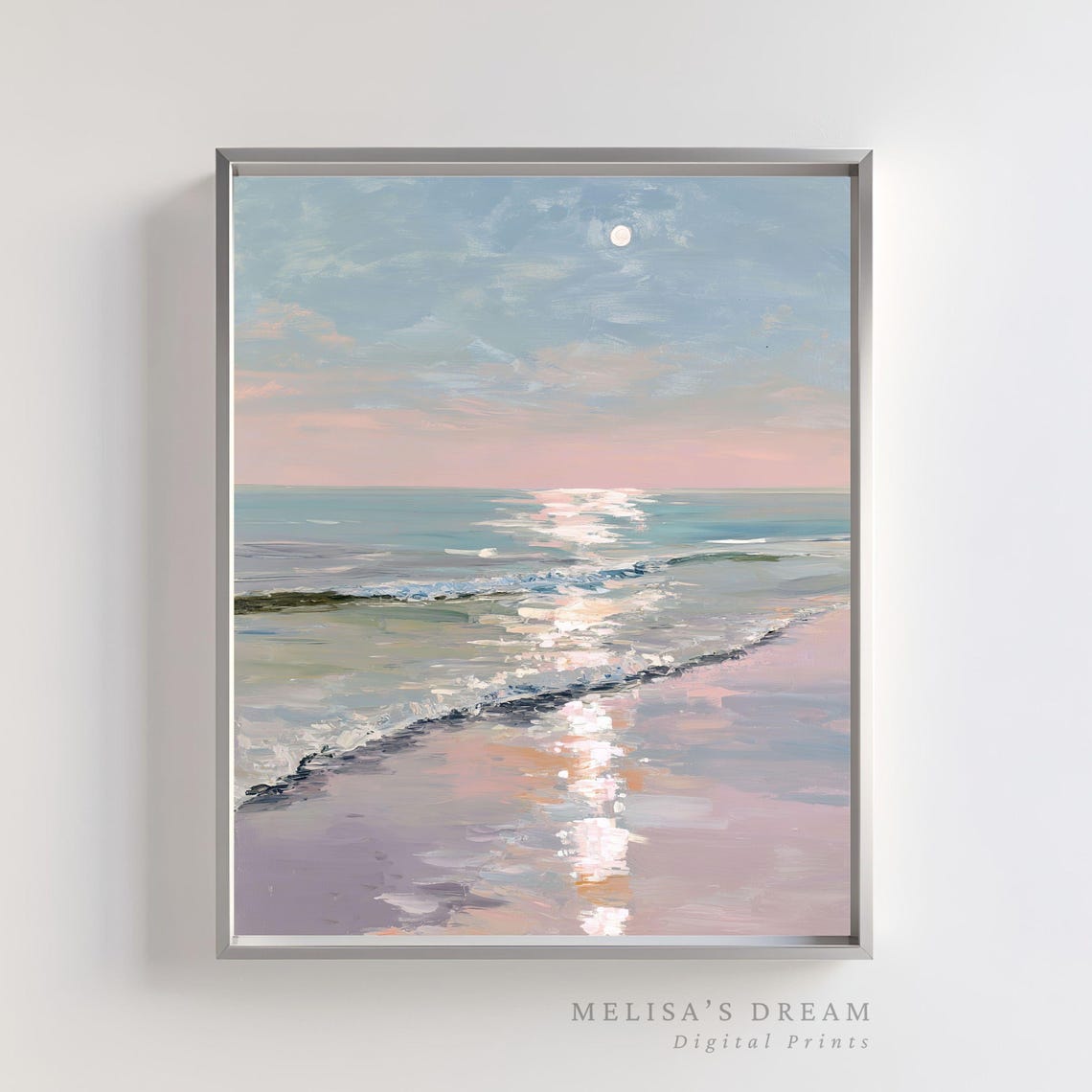 Pastel Pink Beach Moonrise Coastal Ocean Reflection Wall Art