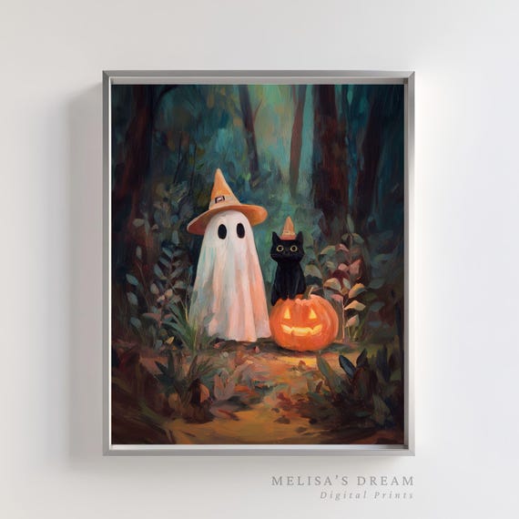 Halloween Wall Art And Black Cat Witch Hat Jack O Lantern Spooky Forest Cute Decor
