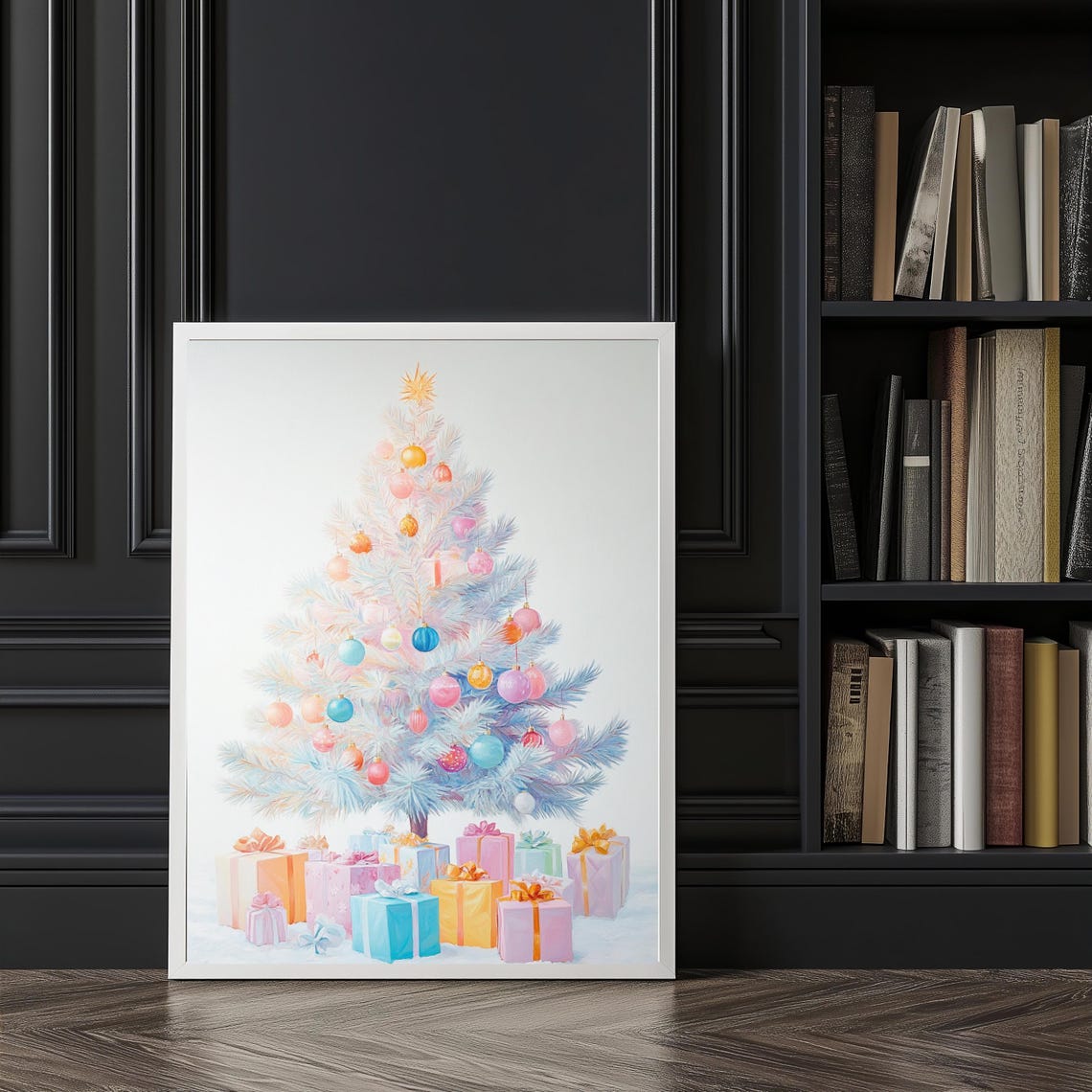 Elegant White Christmas Tree With Pastel Ornaments Gifts Art Poster - Image 2
