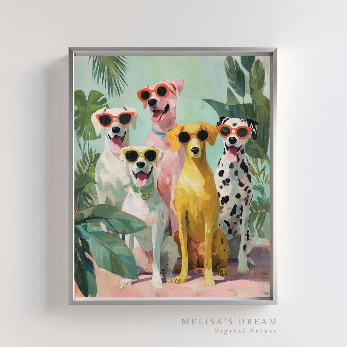 Colorful Dogs in Sunglasses Tropical Whimsical Pup Group Poster