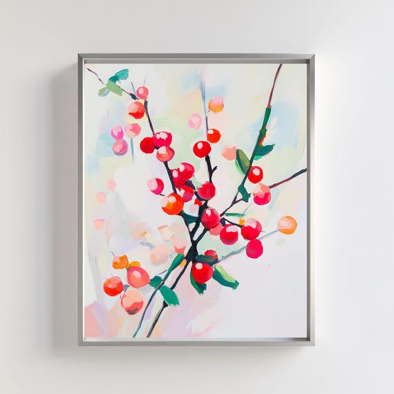 Cherry Blossom Wall Art Abstract Floral Modern Botanical Decor With Red Berries Minimalist Nature Inspired Artwork