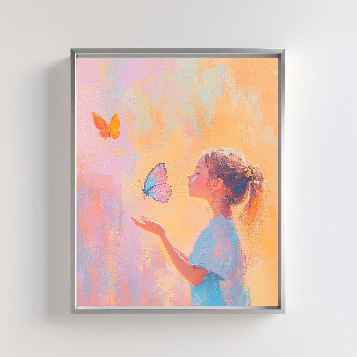 Girl Releasing Butterfly Dreamy Pastel Kids Nursery Art Poster