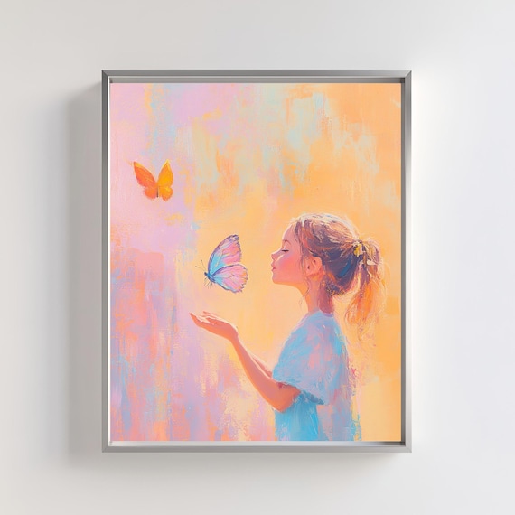 Girl Releasing Butterfly Dreamy Pastel Kids Nursery Art Poster