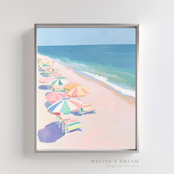 Pastel Beach Colorful Umbrellas Aerial Shore Summer Art Poster
