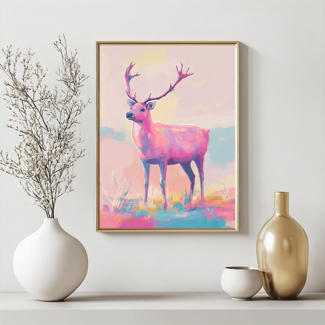 Pink Pastel Stag Deer Portrait Whimsical Wildlife Animal Art Poster - Image 2