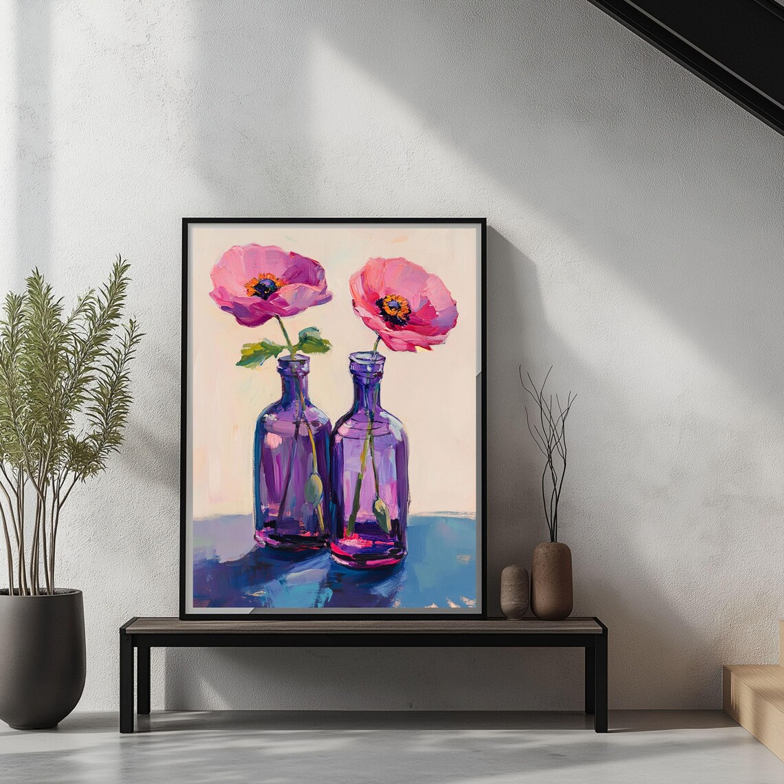 Pink Poppies In Purple Glass Bottles Vibrant Floral Still Life Poster - Image 3