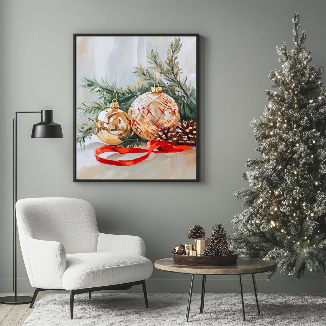 Elegant Golden Christmas Ornaments With Red Ribbon Art Poster - Image 3