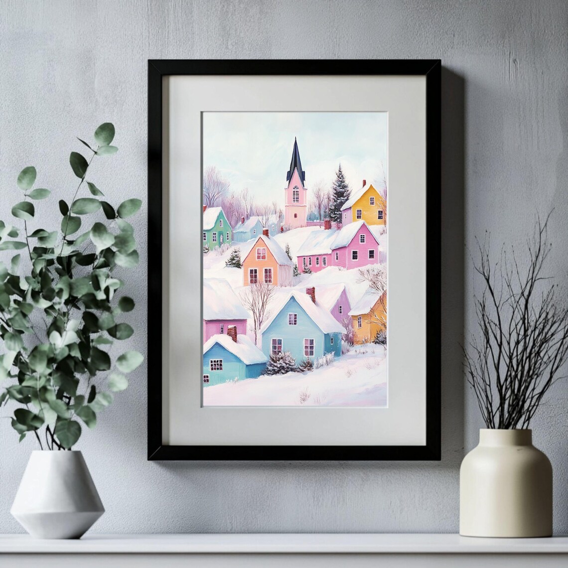 Pastel Snowy Village With Colorful Houses Scandinavian Winter Poster - Image 2