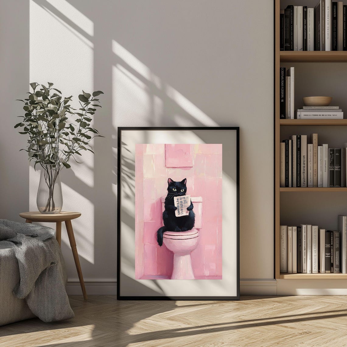 Funny Black Cat Bathroom Art Print, Quirky Pink Decor - Image 2