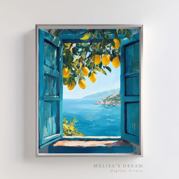 Mediterranean Window View Coastal Lemon Tree Poster