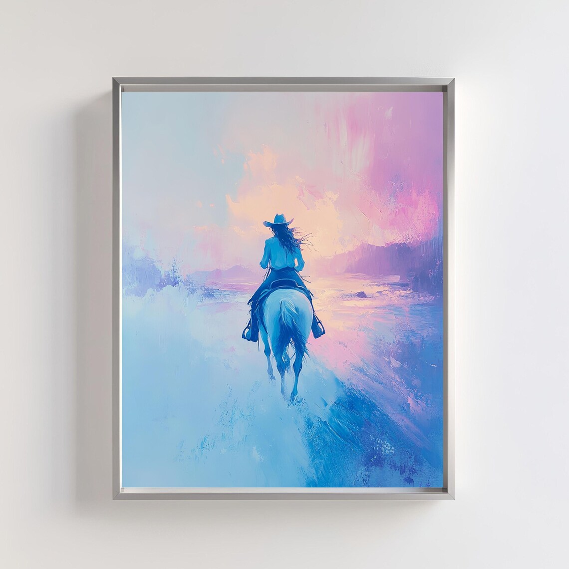 Cowgirl On Horse Art Print, Western Sunset