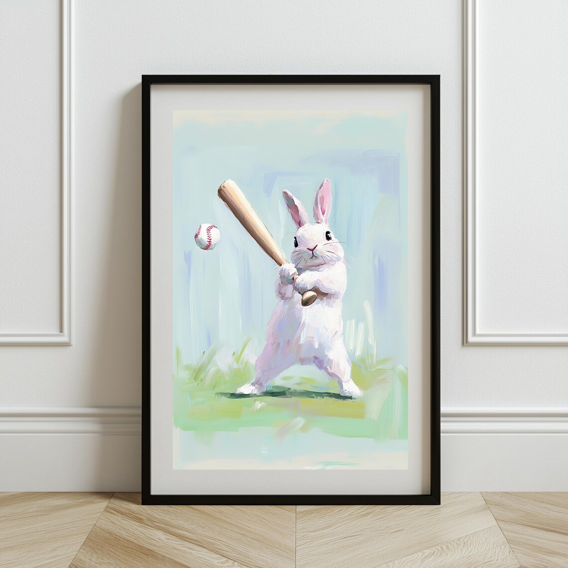 Playful Bunny Playing Baseball Soft Watercolor Kids Sports Poster
