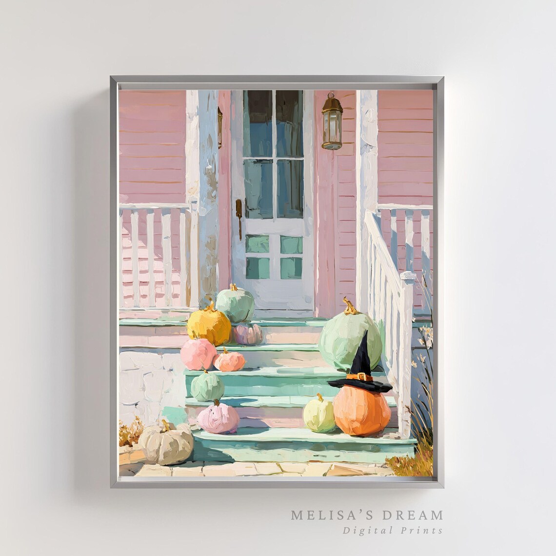 Pastel Halloween Porch Print Witch Hat Pumpkins Coastal Farmhouse