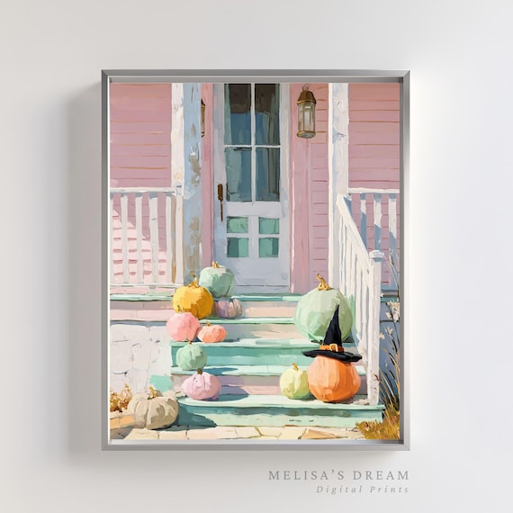 Pastel Halloween Porch Print Witch Hat Pumpkins Coastal Farmhouse