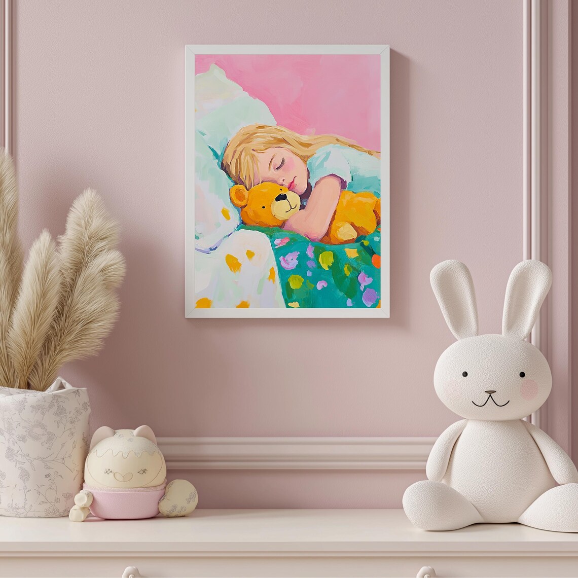 Sleeping Girl Hugging Teddy Bear Sweet Dreams Nursery Art Poster - Image 3