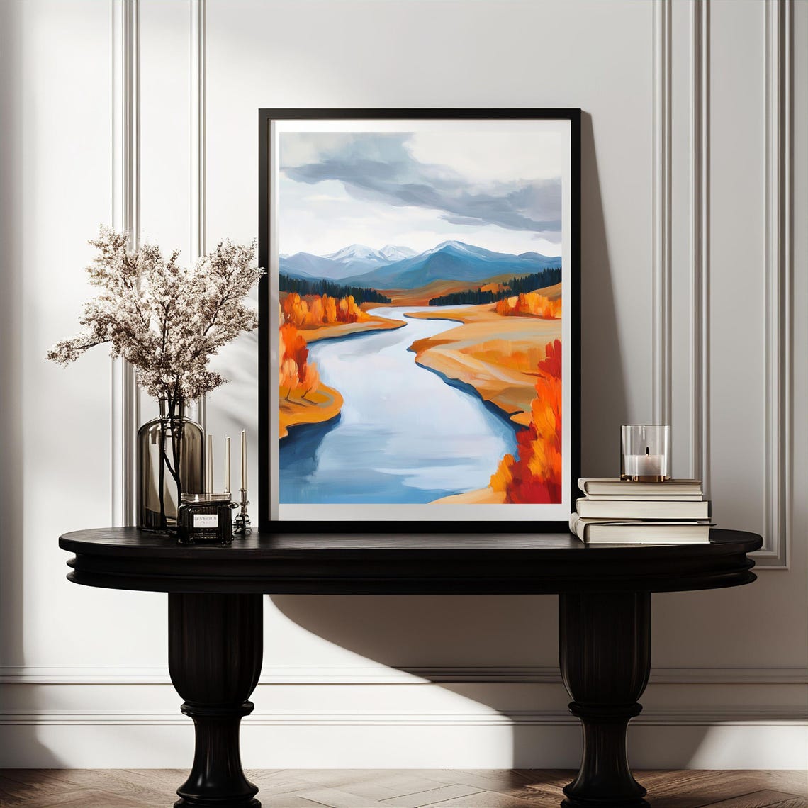 Winding Autumn River Through Golden Valley Mountains Art Poster - Image 2