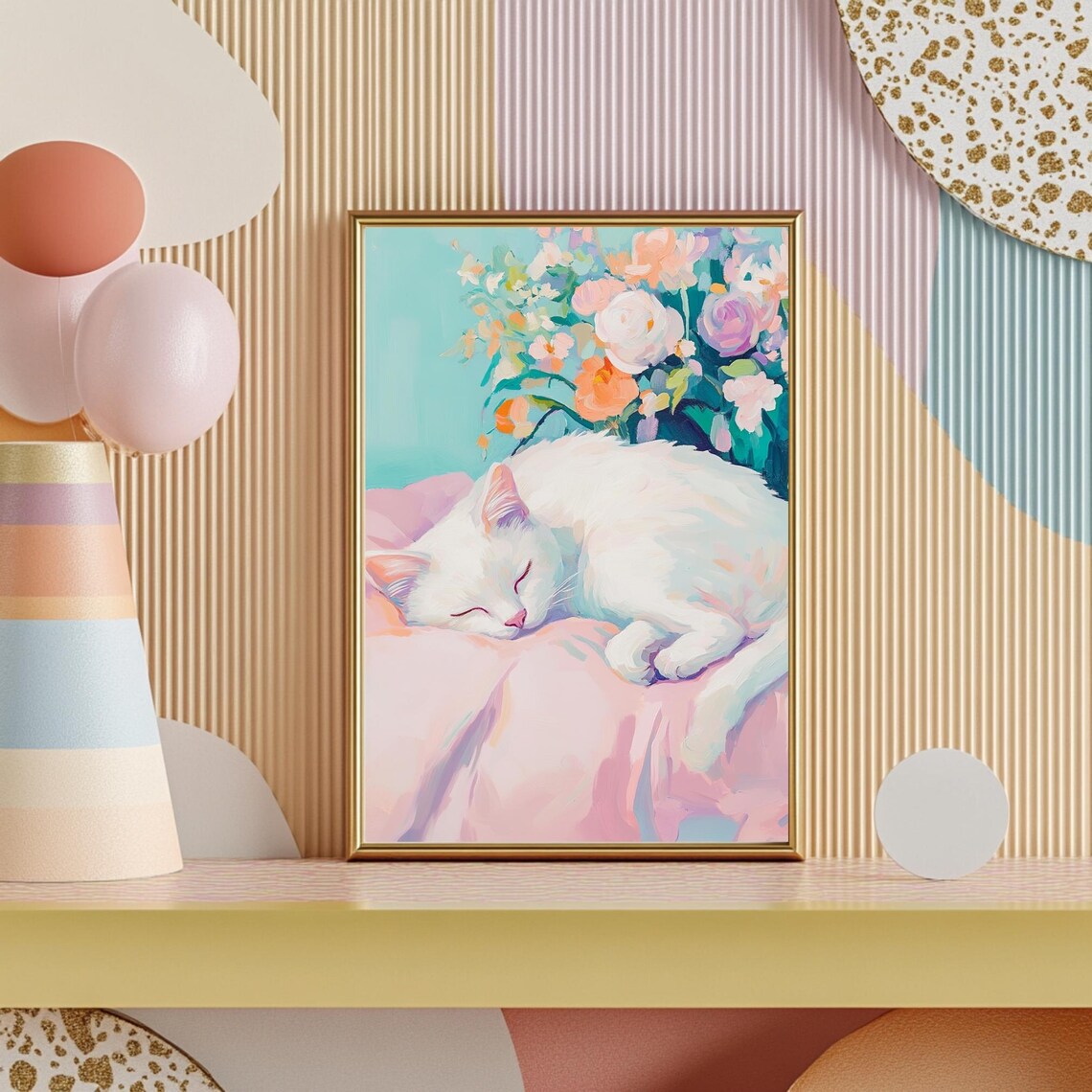 Sleeping White Cat Pastel Floral Bouquet Cat Lover Gift Poster - Image 2