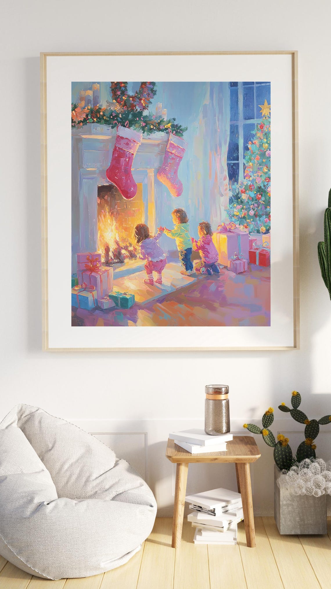 Children Waiting for Santa by Fireplace Cozy Christmas Eve Art Poster - Image 2