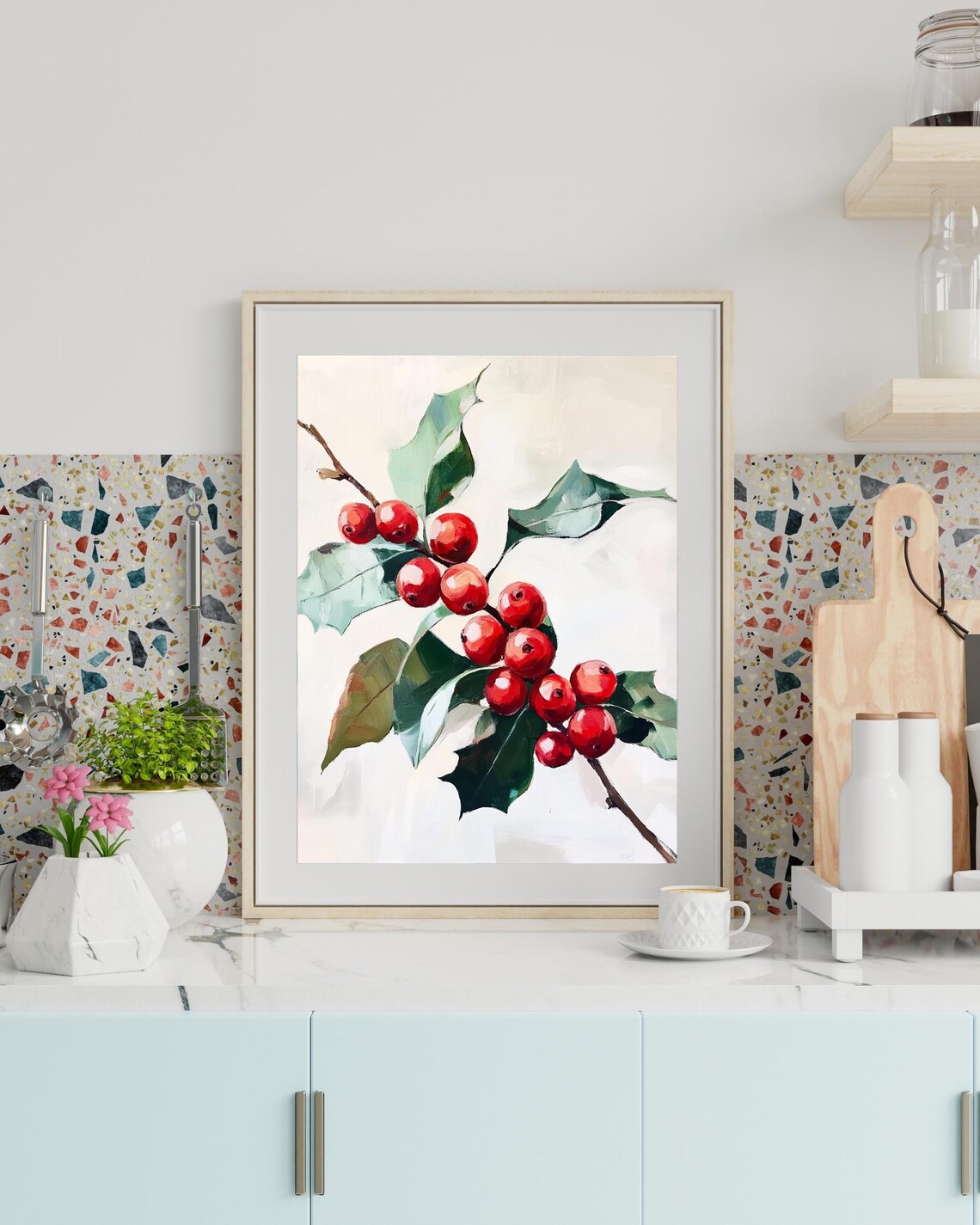 Winter Red Berry Branch, Botanical Kitchen Decor - Image 3