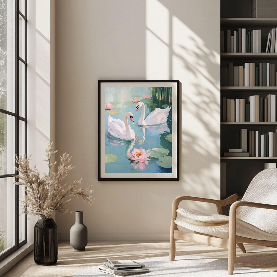 Two White Swans On A Lily Pond Pastel Romantic Wildlife Art Poster - Image 3