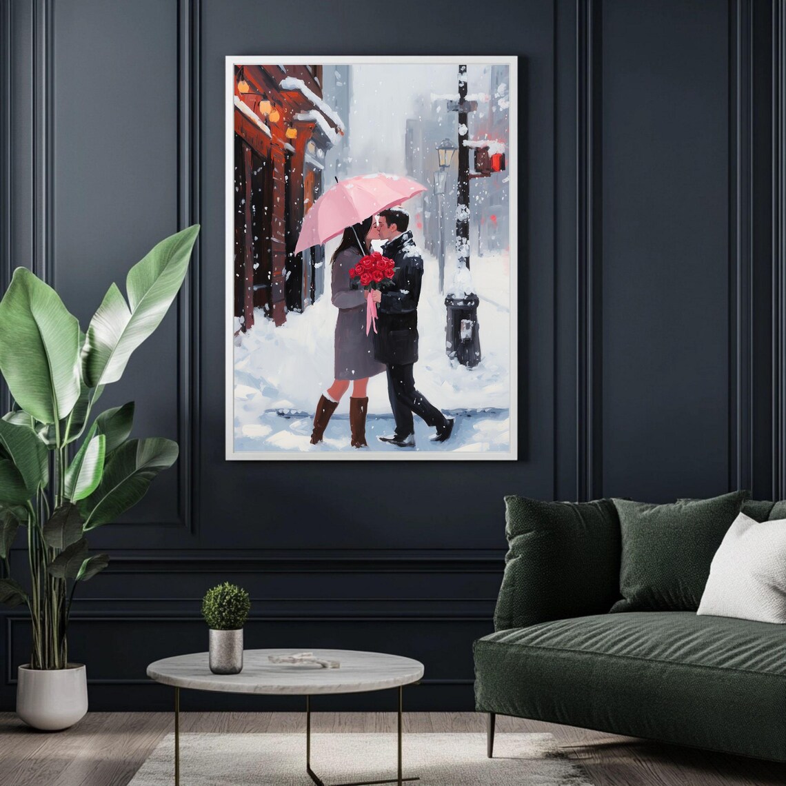 Romantic Winter Couple Kissing In Snow, Art Print - Image 4
