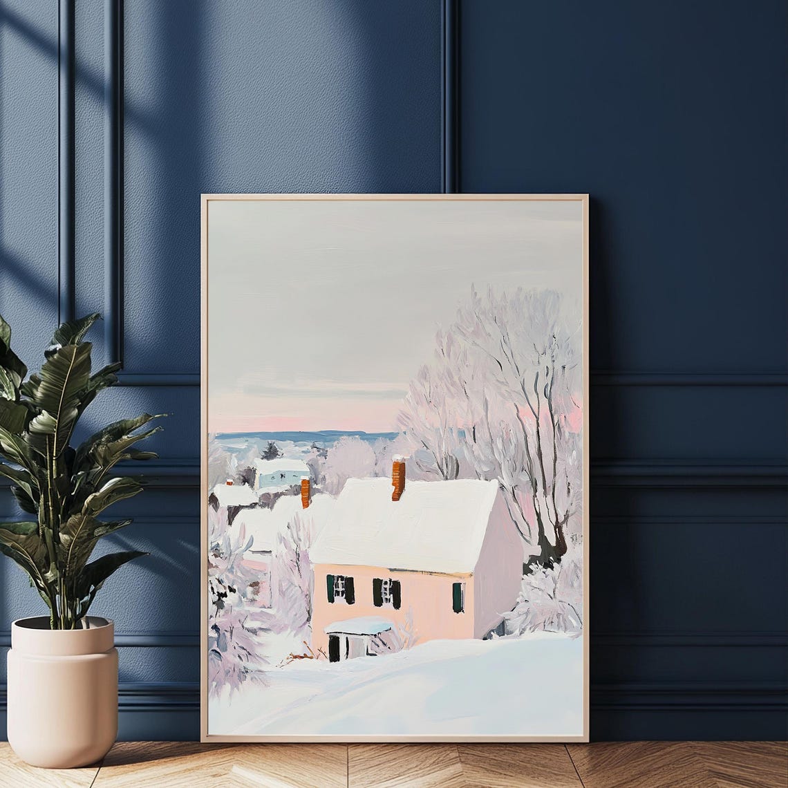 Winter Village Landscape Vintage Art Snowy Cottage Wall Decor Antique Farmhouse With Frosty Tree Cozy Winter Scenery - Image 3