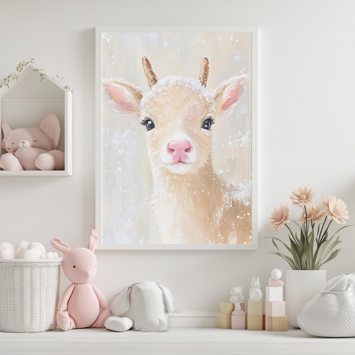 Sweet Baby Reindeer With Snowflakes Winter Deer Portrait Art Poster - Image 3