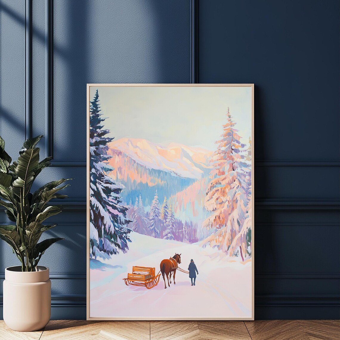 Horse Drawn Sleigh In Snowy Mountain Forest Scene Art Poster - Image 3