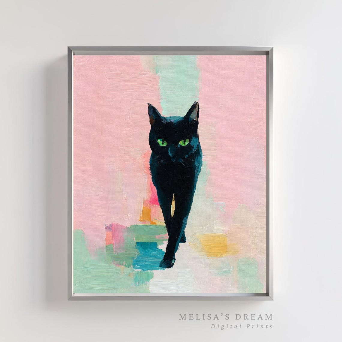 Black Cat Wall Art Modern Abstract Painting For Lover Whimsical Halloween