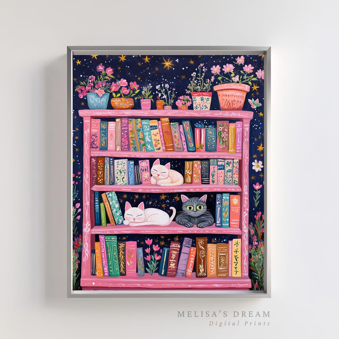 Cats Sleeping On Pink Bookshelf With Flowers And Starry Sky Poster