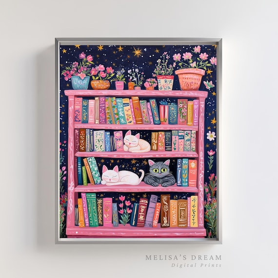 Cats Sleeping On Pink Bookshelf With Flowers And Starry Sky Poster