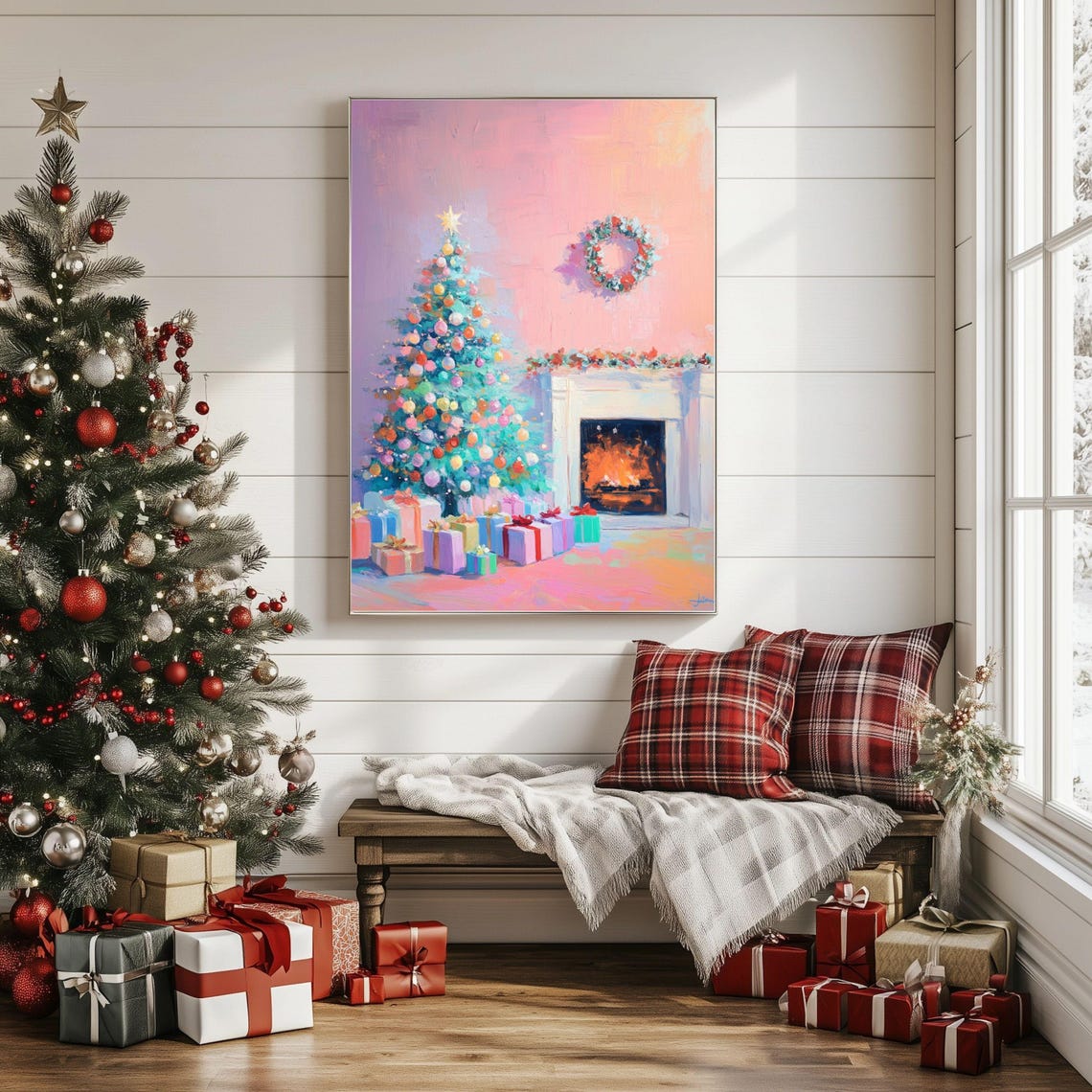 Cozy Christmas Tree By Fireplace With Wreath Gifts Art Poster - Image 2