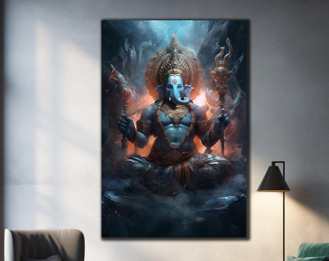 Lord Ganesha Warrior Blue Trident Cosmic Fire Storm Art Wall Poster