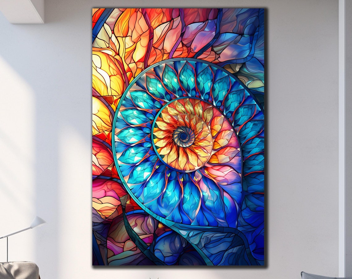 Nautilus Shell Spiral Stained Glass Art Teal Orange Seashell Poster
