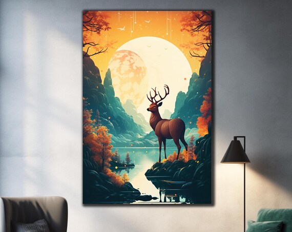Majestic Stag At Full Moon Autumn Mountains Lakeside Night Poster