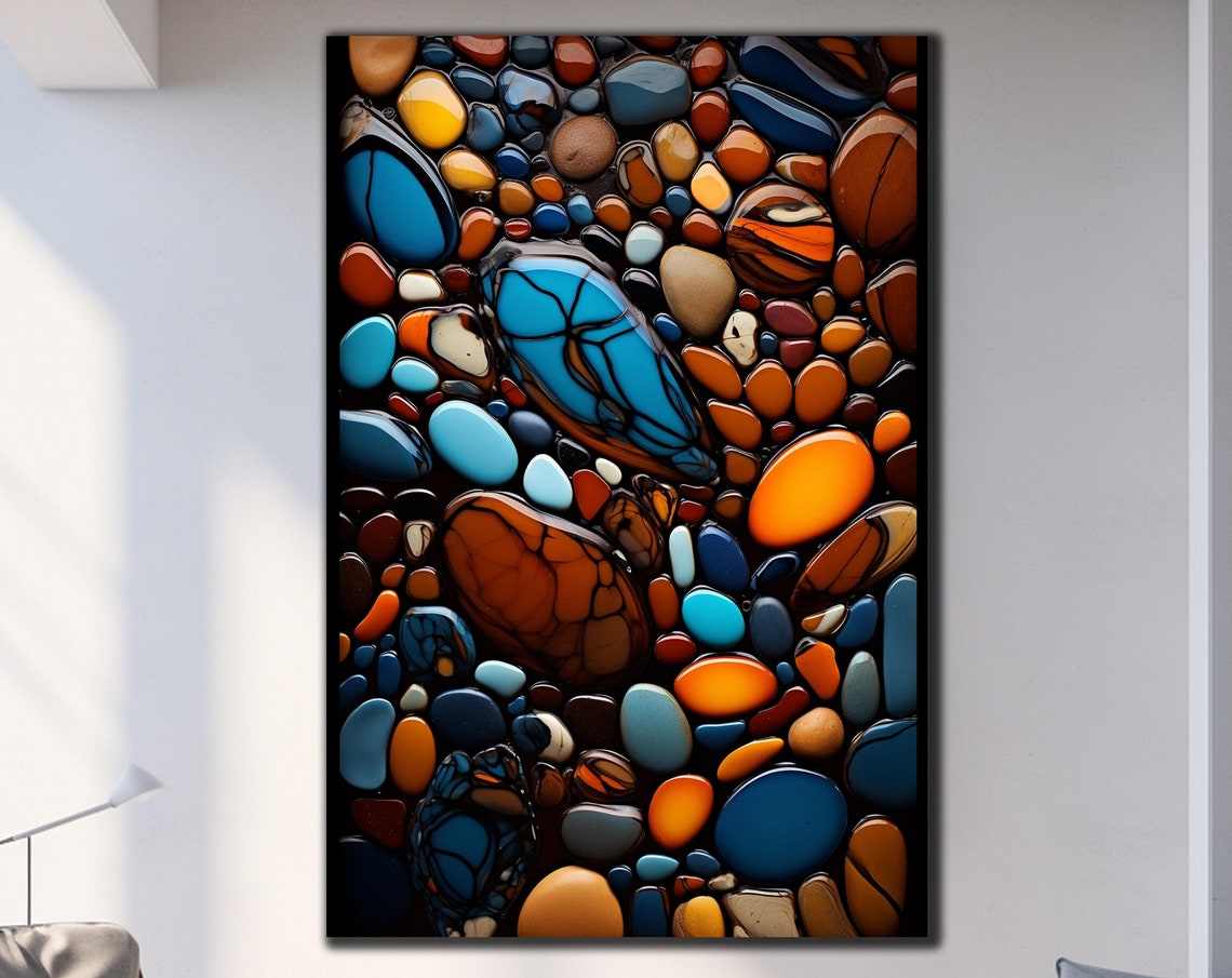 Glossy Pebbles Blue Orange Dark Background Stone Mosaic Wall Poster