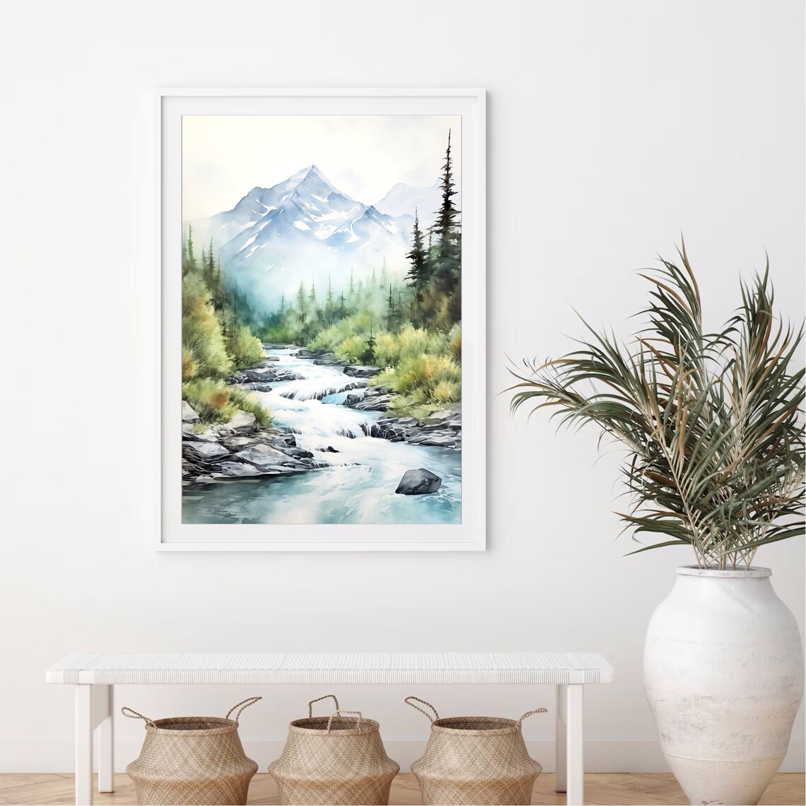 Mountain River Watercolor, Pine Tree Landscape Art Print - Image 2