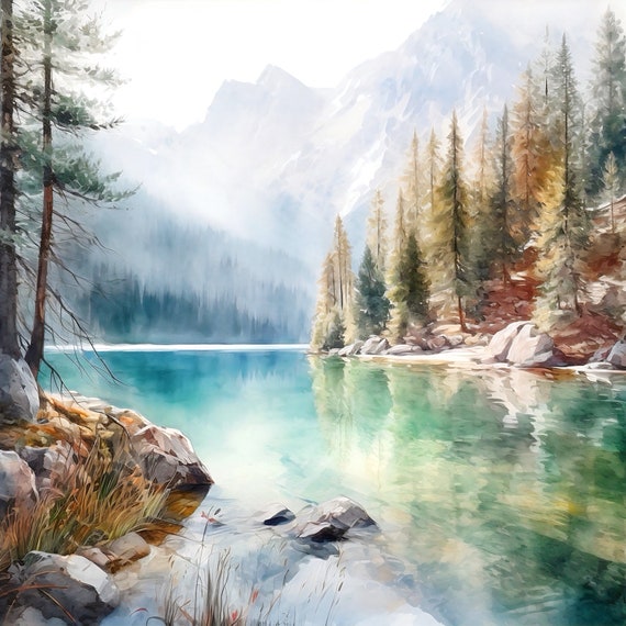 Banff Painting Canada Watercolor Art Print Mountain Lake Landscape Wall Art National Park Artwork Home Decor Gift Art