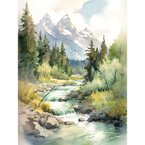 Mountain River Wall Art Watercolor Green Mountain Print Grand Teton National Park Usa Print Minimal Wall Decor Pine Forest Poster