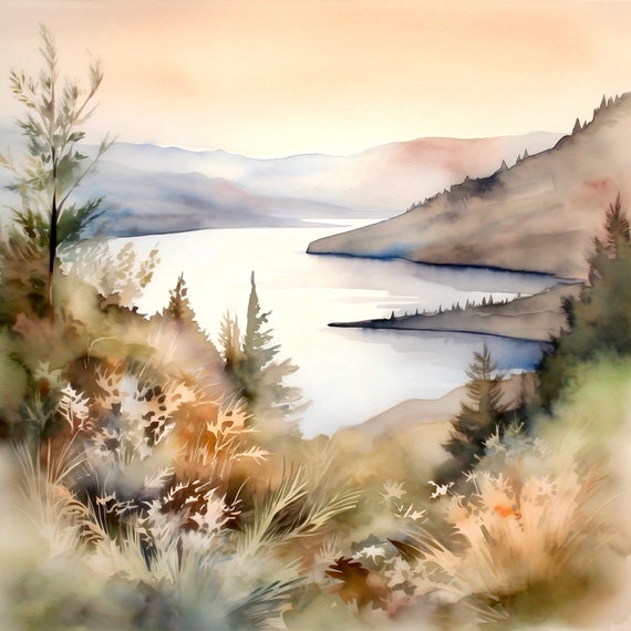Rustic Lake Painting Print Serene Mountain Landscape Wall Art Home Decor Gift Art