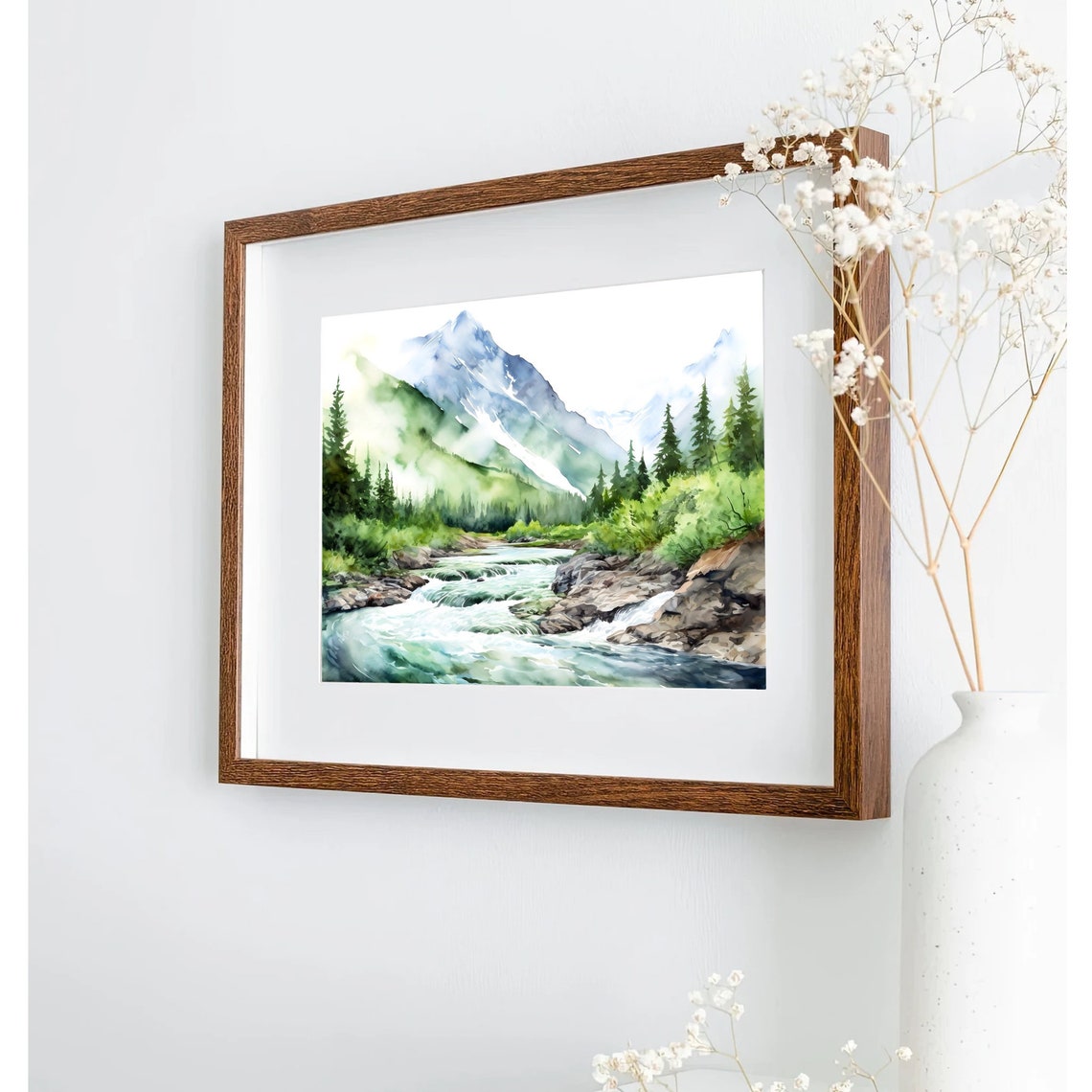 Mountain River Watercolor Painting Art Print - Image 2